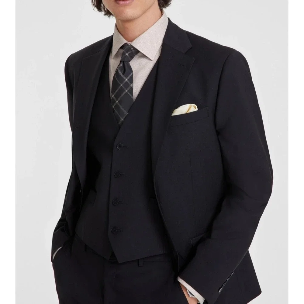 Calvin Klein Mens Slim-fit Suit Jacket Blazer 44S Black Solid Wool Blend
